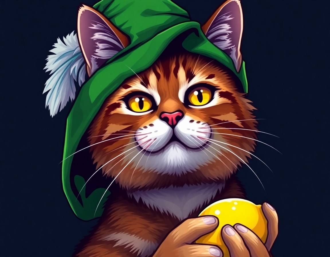 Detailed pixel art close-up of Lemoncat holding a glowing golden lemon