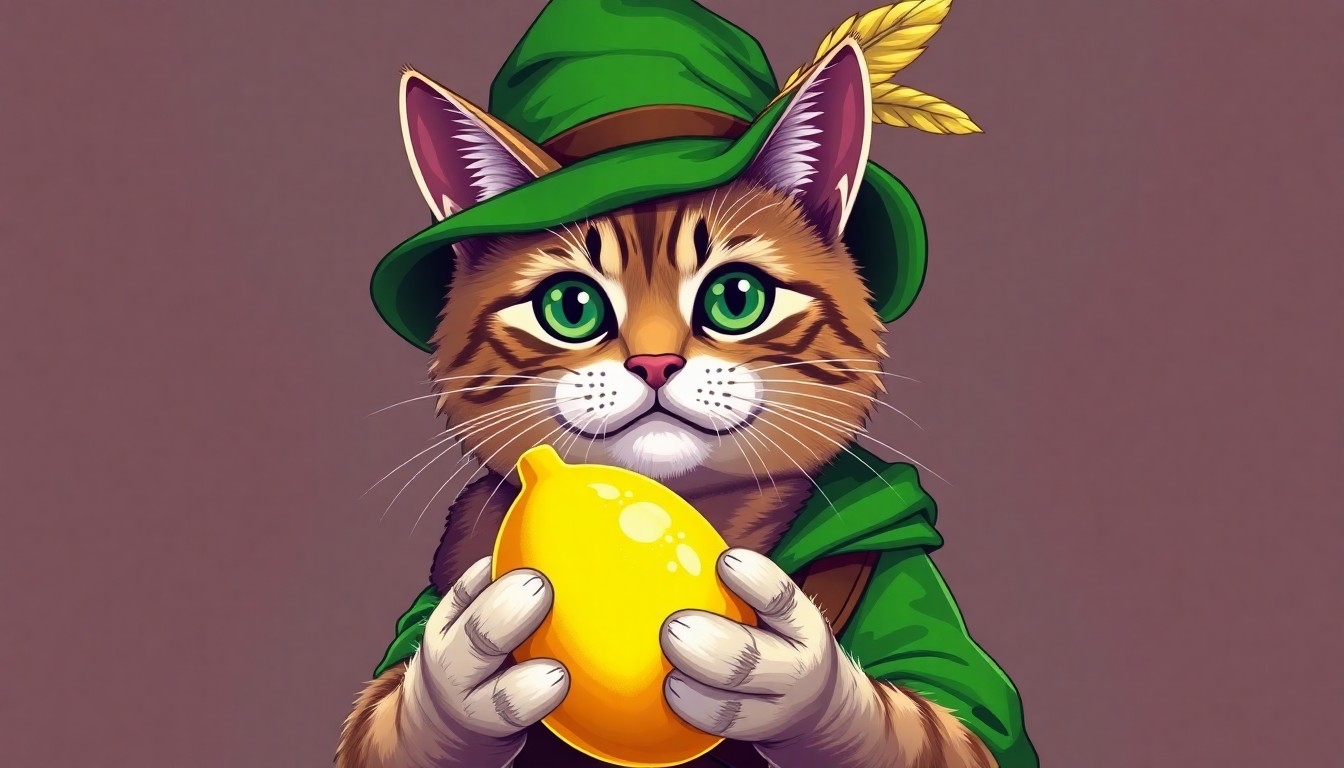 Pixel art of Lemoncat, a cat wearing a green Robin Hood hat with a feather, holding a bright yellow lemon